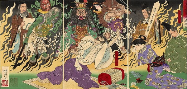 Kiyomori sees Hell and his king Ema; Psukioka Yoshitoshi, 1883